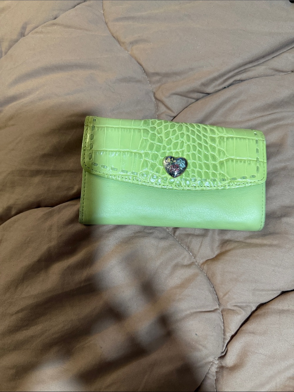 Brighton Lime Green Croc-Trim Women's Wallet with Heart Charm